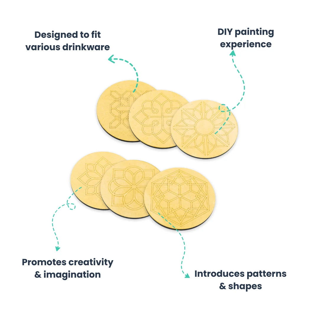 DIY Coaster Set of 6 Geometric Patterns Art Wooden Coasters & Stand|Art & Craft for Kids| Fit for Tea Cups, Coffee Mugs & Glasses